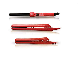 ISO Beauty Full Set w/ 1.25 Hair Straightener Curling Iron Wand and Mini Flat Iron Complete Full Set (Red)