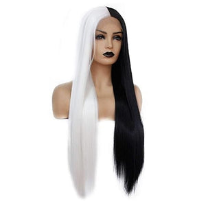 Mix Lace Front Synthetic Wig Half Black Half White #1001 for Women Glueless Long Straight Synthetic Hair Wigs Middle Part Heat Resistant Fiber 24 inches