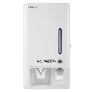 GotFreshBreath Commercial Mouthwash Dispenser with Cup Holder ? Standing or Wall-Mounted Slim Commercial Mouthwash Dispenser with 100 Cups &amp 50 Oz. Alcohol-Free Mouthwash (White)