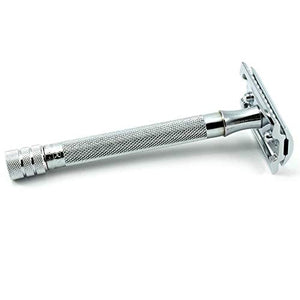 MERKUR 25C Double Edge Safety Razor in Bright Chrome with an Open Comb Design Long Handle Made in Germany Plastic-Free Three-Piece Design and Straight Bar