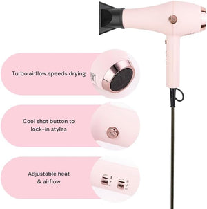 L'ANGE HAIR Soleil Professional Hair Dryer | 3 Heat Settings &amp 2 Airflow Settings | Cool Shot Locks-in Style | Professional Length Cord | Best Lightweight Hair for Smooth Blowouts (Blush)