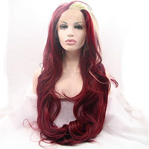 xiweiya Burgundy Lace Front Wig Long Highlight Platinum Blonde 99J Red Body Wave Synthetic Lace Front Wigs 13x3 Crochet Lace Wig Heat Resistant Red Hair Half Hand Tied for Women Drag Queen 26inch