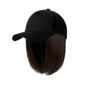 Women's Short Bob Wigs Baseball Cap with Hair Girls Wig Hats Straight Hair Wavy Natural dark brown
