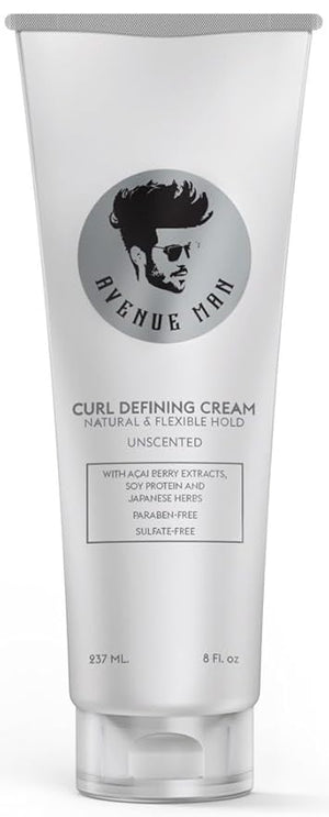 Avenue Man Curl Defining Cream - Unscented Hold Forming Curl Cream for Men with Keratin, Acai &amp; Herbal Extracts - Frizz Control, Humidity Resistant, Lightweight Texture - Curly Hair Products for M