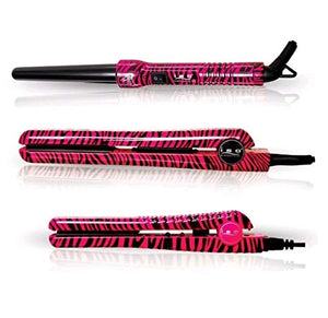 ISO Beauty Full Set w/ 1.25 Hair Straightener Curling Iron Wand and Mini Flat Iron Complete Full Set (Pink Zebra)