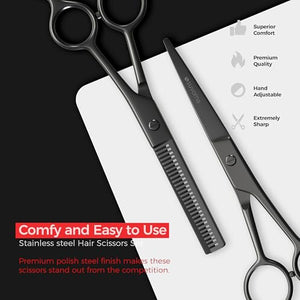 Suvorna 6.5 Professional Hair Scissors Set with Thinning Shears for Hair Dressers Barbers and Professionals - Extremely Sharp Hair Cutting Scissors Set for Thinning Layering and Cutting (Black)
