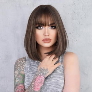 Lightweight Breathable Short Straight Bob Wigs Human Hair Natural Full Head Look with Bangs Glueless Heat Resistant for Effortless Daily Wear (14 InchCold Brown)