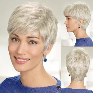 EMMOR Short Silvery White Human Hair Wigs Blend with Healthy Memory Fiber Pixie Curly Wig With Bang,Natural Daily Use Hair (Silvery White)