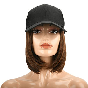 Women's Short Bob Wigs Baseball Cap with Hair Girls Wig Hats Straight Hair Wavy Natural light brown