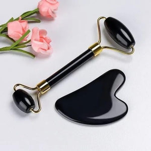 Black Obsidian Jade Facial Roller &amp; Gua Sha Set 100% Natural Source from Highest Altitude of Himalayan Two-Sided Face Neck Massager Stone Beauty Tool