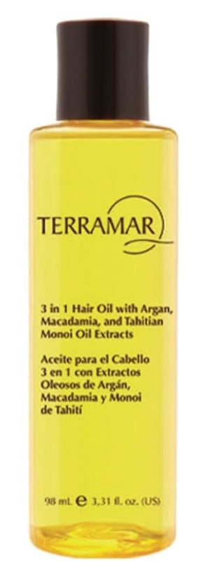 Terramar 3 in 1 Hair Oil (98ml / 3.31 fl Oz) - with Argan Macadamia Monoi - Nourishes Smooths Frizz Adds Shine Lightweight for All Hair