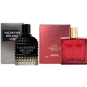 Valentine Milano Cologne for Men (EDP) &amp Lion Versatile (EDT) Red Flame for Men Cologne Fragrance for Man 3.4 Fl Oz Each (Pack of 2)