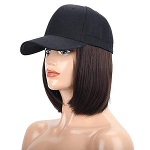 Women's Short Bob Wigs Baseball Cap with Hair Girls Wig Hats Straight Hair Wavy Natural dark brown