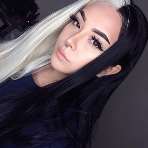 Mix Lace Front Synthetic Wig Half Black Half White #1001 for Women Glueless Long Straight Synthetic Hair Wigs Middle Part Heat Resistant Fiber 24 inches