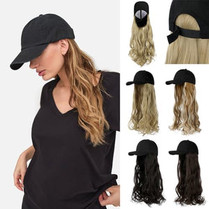 Baseball Hat WigHat with Hair attached 24'' Adjustable Black Cap with Long Wavy Synthetic Hair Extensions for Women Girls(Ginger Brown Mix Bleach Blonde)