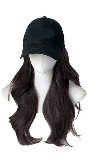 Women's Fashion Baseball Cap with Long Wavy Wig Baseball Hat Wig with Curly Synthetic Hair Extensions for Daily Party (Brown)