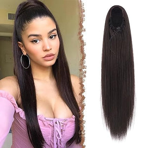 Straight Drawstring Ponytail Extension 16 inch Pony Tails Natural Color Human Hair Hairpieces Clip in Ponytails Extension for Women Girls, Natural Black 1B (Straight Hair, 16 inch)