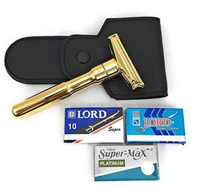 Gold Futur Double Edge Safety Razor with GBS leather case and 25 blades! Compliments any Wet Shaving and Beard tools - Made in Solingen Germany