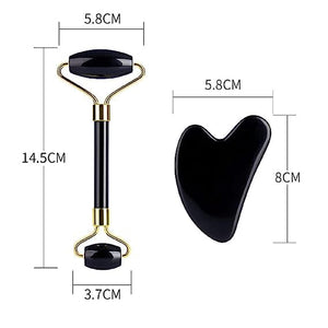 Black Obsidian Jade Facial Roller &amp; Gua Sha Set 100% Natural Source from Highest Altitude of Himalayan Two-Sided Face Neck Massager Stone Beauty Tool