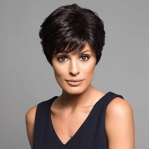 Short Brown Pixie Cut Wigs Human Hair with Bangs Wavy Layered Natural Looking for White Women Daily Use (Black)