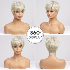 EMMOR Short Silvery White Human Hair Wigs Blend with Healthy Memory Fiber Pixie Curly Wig With Bang,Natural Daily Use Hair (Silvery White)