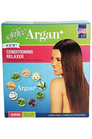 SOF N' FREE Argan+ No-Lye Conditioning Hair Relaxer Super Strength Double Pack Kit - Conditions Strengthens Smooths and Relaxes Resistant Hair Gently with Olive Oil - GroHealthy - Single