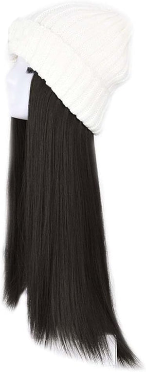 Woman Wig Winter Beanie Hat Wig Extension Long Wavy Curly Wig with Plush Knitted Hat Warm Wig