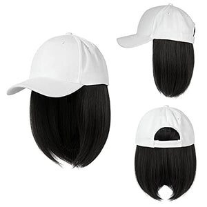 Women's Short Bob Wigs Baseball Cap with Hair Girls Wig Hats Straight Hair Wavy Natural Black
