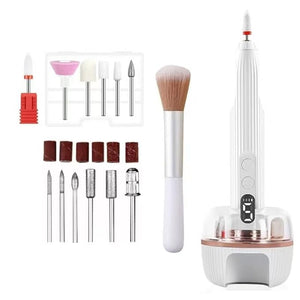 Portable Nail Drill Electric Nail File with UV LED Nail Lamp 12 Drills and Rechargeable Base 5 Speeds Hand Foot Care Tool for Grind Trim Polish