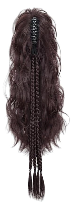Ponytail Extension Claw Clip in Long Curly Wavy Ponytail Braids Hair Extension Synthetic Pony Tail Hairpiece (Dark Brown)