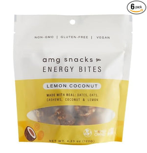 AMG Snacks Lemon Coconut Energy Bites | 4.3 oz Pack of 6 (72 Bites Total) | Date and Nut Energy Snacks Protein Bars | Non GMO Gluten Free Vegan Protein Bites | Made with All Natural Ingredients