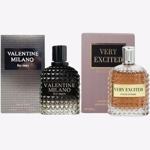 Valentine Milano &amp; Very Excited Men's Cologne Set Eau De Toilette, 3.4 Fl Oz Each, Earthy, Leathery, Myrtle, Coffee, Cedar Leather, Woody, 2-Pack Gift Set for Men