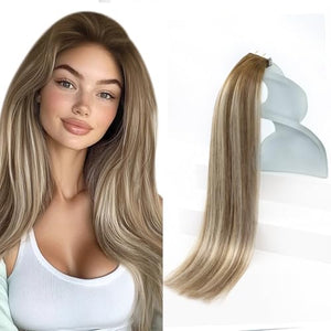 Sunny Hair Tape in Hair Extensions Real Human Hair Invisible Remy Hair Extensions Tape ins for Women Medium Brown Root to Platinum Blonde Balayage 16 inch 20Pcs 50G