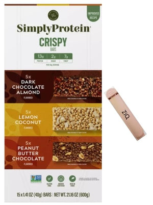 Simply Protein Crispy Bars 1.41 oz Variety15-count (Peanut Butter Chocolate Lemon Coconut Dark Chocolate Sea Salt) / ZiQ Food Clip 1pc