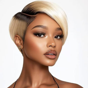 Side Part Black Human Hair Pixie Wigs HD Lace Front with Swept Bangs Short Curly Natural Color Glueless Cap for Women (Ombre Brown6 Inch)