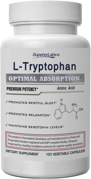 Superior Labs L-Tryptophan 500 mg Capsules Pure Non-GMO Amino Acid High Absorption Supports Sleep and Mood Helps with Occasional Stress PMS Support 120 Veg Caps