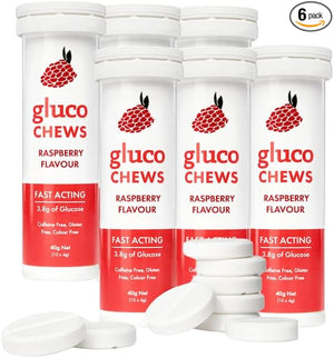 Glucochews Raspberry Glucose Tablets ? 60 Tablets (10 per Tube 6 Pocket-Sized Tubes) ? 3.8g Fast-Acting Glucose Each ? Boosts Energy ? Gluten-Free Fat-Free Caffeine-Free