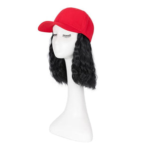 TESS Red Baseball Cap with 8'' Short Wavy Synthetic Hair Extensions for Women and Girls - Adjustable &amp Breathable Wig Cap for Daily Use Outdoor Activities