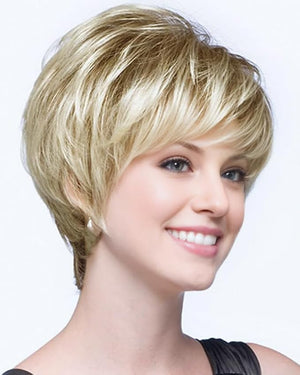 SEVENCOLORS Short Blonde Wigs for White Women Layered Mixed Blond Pixie Cut Wigs with Bangs Synthetic Short Hair Replacement Wigs