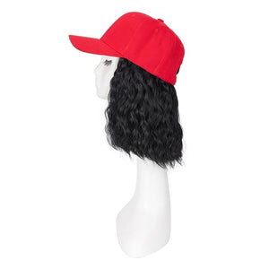 TESS Red Baseball Cap with 8'' Short Wavy Synthetic Hair Extensions for Women and Girls - Adjustable &amp Breathable Wig Cap for Daily Use Outdoor Activities