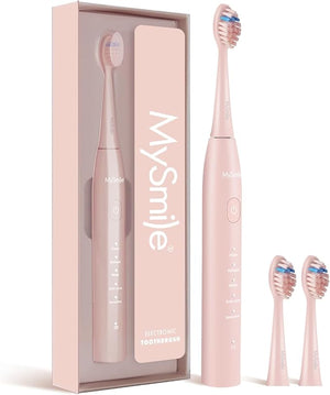 MySmile DY156 Electric Toothbrush for Adults Rechargeable Sonic Battery Toothbrush Portable with 3 Brush Heads 2 Mins 5 Modes Smart Timer 45000VPM One Charge for 60 Days - Pink