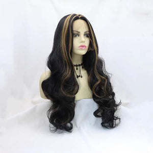Natural Black/Brown Streaked Synthetic Black Lace Front Wigs For Women Hair Long Body Wavy Heat Resistant Fiber Wigs