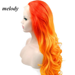 Orange Ombre Synthetic Lace Front Wigs Red Orange Body Wave Free Part 180% Density Half Hand Tied Heat Resistant Fiber Hair for Women 24