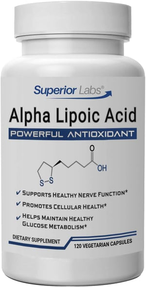 Superior Labs Alpha Lipoic Acid 600 mg Capsules Pure Non-GMO ALA High Absorption Nerve Support Healthy Circulation and Nerve Response Healthy Aging Antioxidant 120 Veg Caps 4-Month Supply