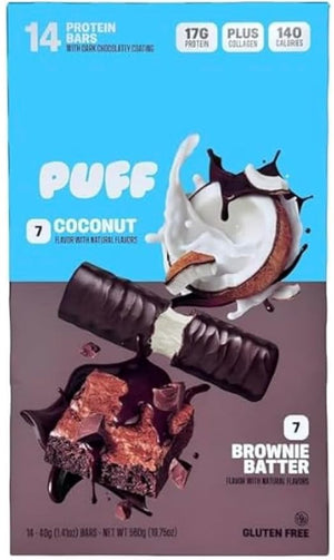 Puff Protein Bars Variety Pack ? 14 Count 7 Coconut Puff 7 Brownie Batter Puff ? 17g Protein Only 140 Calories Gluten-Free