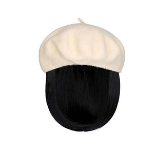 Hat Wig Beret Hat with Hair Extensions Classic French Wool Hat Straight Short Bob Hairpiece Women Bob Wig Hats