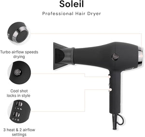 L'ANGE HAIR Soleil Professional Hair Dryer | 3 Heat Settings &amp; 2 Airflow Settings | Cool Shot Locks-in Style | Professional Length Cord | Best Lightweight Hair for Smooth Blowouts (Black)