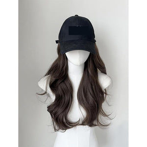 Women's Fashion Baseball Cap with Long Wavy Wig Baseball Hat Wig with Curly Synthetic Hair Extensions for Daily Party (Brown)
