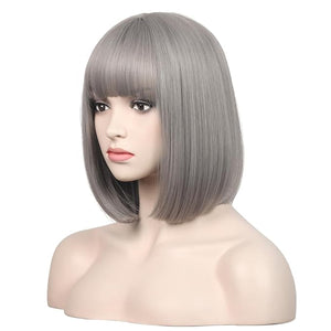 WildCos Short 12 Inches Straight Synthetic Cosplay Wig for Women (Silver Grey)