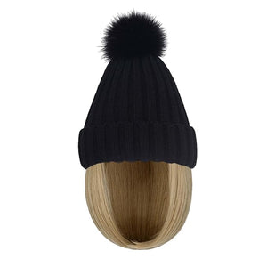 Women Caps with Hair Knit Beanie Cap with Extensions Short Straight Hairstyle Hat Wigs Winter Knitted hat bob Wig